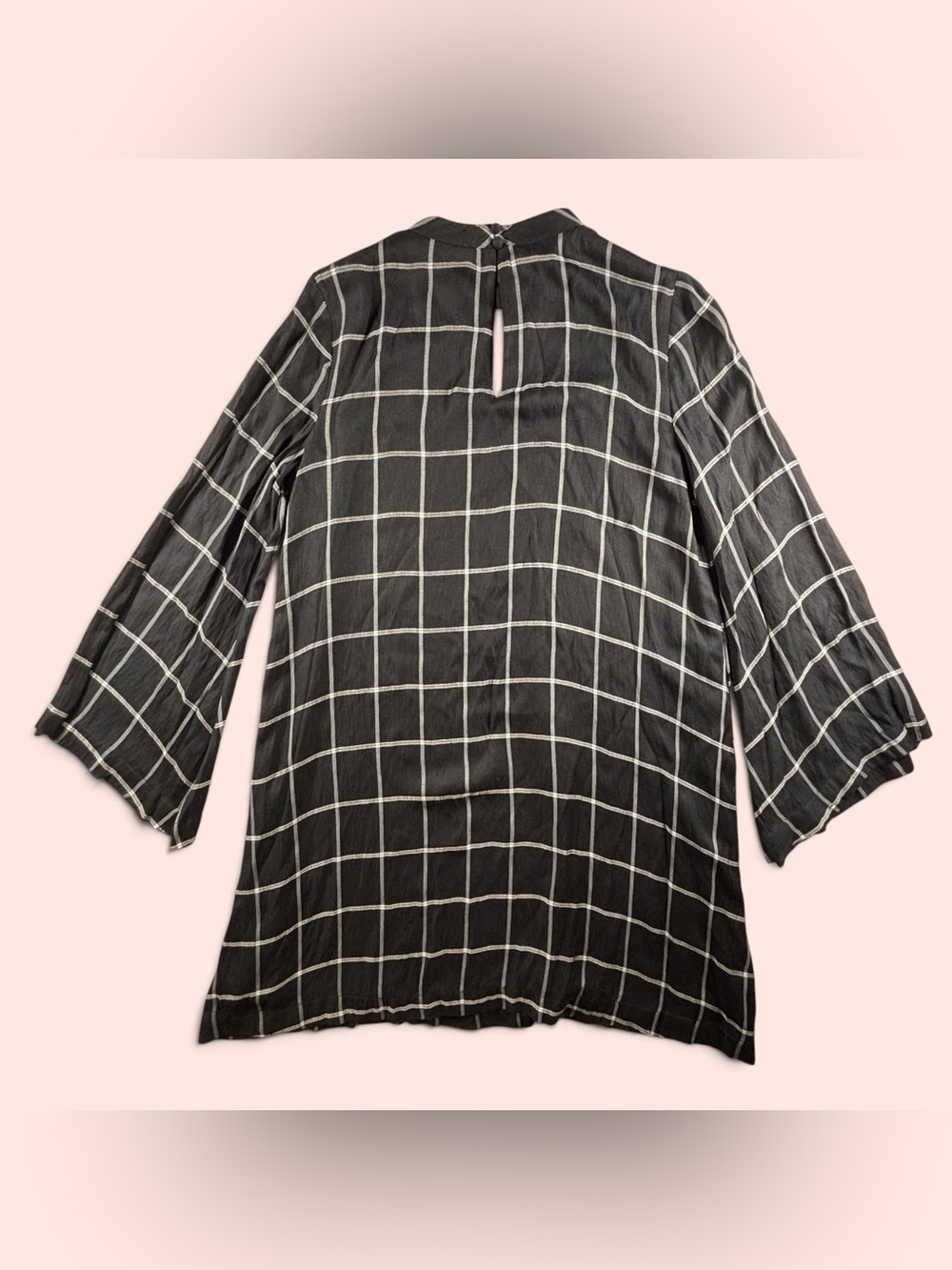 LOFT Black White Windowpane Plaid Bell Sleeve Shift Dress Size S
